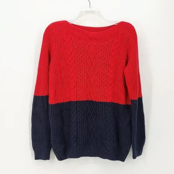 TOMMY HILF. Cate Boat Neck Red Navy Color Block Cable Knit Sweater S - Picture 4 of 10